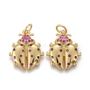 Brass Micro Pave Purple Cubic Zirconia Pendants, Long-Lasting Plated, with Jump Rings, Ladybug Shape, Golden, 16x14x3mm, Hole: 3.5mm(ZIRC-Z001-06G)