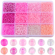 156g 12 Style Glass Seed Beads, Round Hole, Round, Transparent Inside Colors Luster & Rainbow & Baking Paint & Ceylon & Opaque & Frosted, Pink, 2~2.5x1.5~2mm, Hole: 0.5~1mm, 13g/style(SEED-SC0001-32A-03)