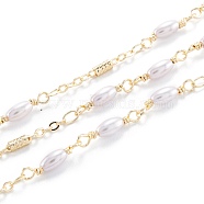 Handmade CCB Plastic Imitation Pearl Beaded Chains, with Brass Findings, Soldered, with Spool, Long-Lasting Plated, Column, Light Gold, link: 2.5x2x0.3mm, bead: 15x3mm, column: 4x2mm, 32.8 Feet(10m)/roll(CHC-M021-29LG)