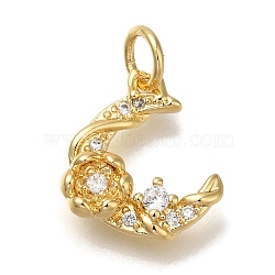 Rack Plating Brass Micro Pave Cubic Zirconia Charms, Cadmium Free & Lead Free, Long-Lasting Plated, Moon, Real 18K Gold Plated, 14x11x3mm, Hole: 3.5mm(KK-I720-61G)