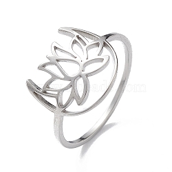 Non-Tarnish Hollow Out Lotus 304 Stainless Steel Finger Ring for Women, Stainless Steel Color, Inner Diameter: 17mm(RJEW-E073-06P)