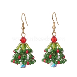 Christmas Theme Glass Beads Braided Tree Dangle Earrings, Golden Brass Wire Wrap Jewelry for Women, Green, 48mm, Pin: 0.7mm(EJEW-TA00212)