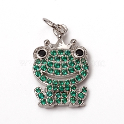 Brass Micro Pave Green Cubic Zirconia Pendants, with Jump Rings, Long-Lasting Plated, Frog with Crown, Platinum, 18x11x2mm, Jump Ring: 5x0.7mm, Inner Diameter: 3.6mm(KK-I668-37P)
