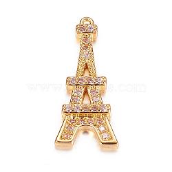 Brass Micro Pave Cubic Zirconia Pendants, Eiffel Tower, Golden, 20x9x2mm, Hole: 1mm(ZIRC-P060-07G)