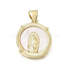 Virgin Mary Theme Brass & Natural Shell Pendants, Flat Round & Heart Charms, Real 16K Gold Plated, Real 16K Gold Plated, 18x16x3mm, Hole: 4.5x3.5mm(SH-CBA7C77-01B-G03)