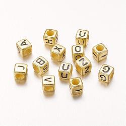 Cube Acrylic Beads, Horizontal Hole, Golden, Mixed Letters, about 6mm in diameter, hole: 3mm, about 2500pcs/500g(PB43C9308-G)