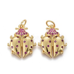 Brass Micro Pave Purple Cubic Zirconia Pendants, Long-Lasting Plated, with Jump Rings, Ladybug Shape, Golden, 16x14x3mm, Hole: 3.5mm(ZIRC-Z001-06G)