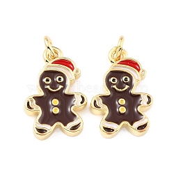 Brass Enamel Pendants, with Jump Ring, Long-Lasting Plated, Real 18K Gold Plated, for Christmas, Gingerbread Man, Coconut Brown, 15x10x2mm, Jump Ring: 4x0.8mm, 2.4mm Inner Diameter(KK-K250-35G)