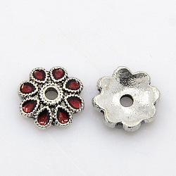 Antique Silver Tone Alloy Enamel Flower Bead Caps, 8-Petal, Dark Red, 10x3mm, Hole: 2mm(ENAM-J189-06AS)