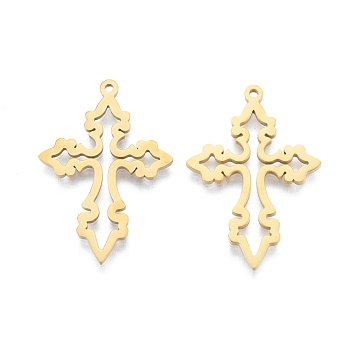 Ion Plating(IP) 201 Stainless Steel Pendant,  Hollow Charms, Cross, Real 18K Gold Plated, 33x23x1.5mm, Hole: 1.4mm