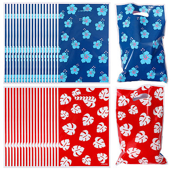 10Pcs Printed Leaf Platic Gift Storage Bags with Die Cut Hole Handles, Shopping Tote, Rectangle, Blue, Red, 25.5x16.5x0.005cm