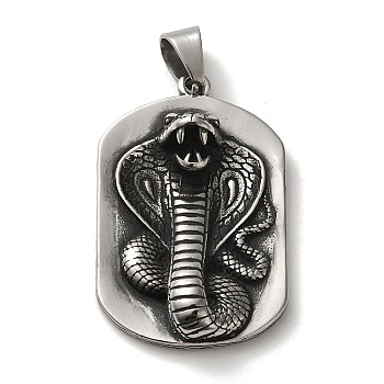 316L Surgical Stainless Steel Big Pendants, Antique Silver, Rectangle Charm, Snake, 51.5x32.5x12mm, Hole: 10.5x7.5mm