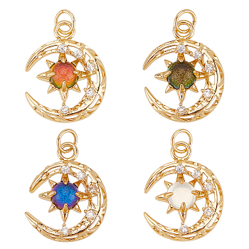 BENECREAT 4Pcs 4 Colors Brass Micro Pave Clear Cubic Zirconia Glass Pendants, Moon, Cadmium Free & Lead Free, Mixed Color, Real 18K Gold Plated, 21x16.5x4.5mm, 4colors, 1pc/color