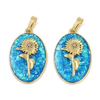 Rack Plating Brass Pendants, with Synthetic Opal, Long-Lasting Plated, Lead Free & Cadmium Free, Real 18K Gold Plated, Oval with Sunflower, Deep Sky Blue, 25.5x16x4.5mm, Hole: 5.5x3mm