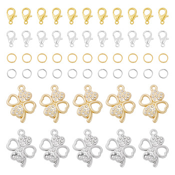 DIY Pendant Decoration Making Kits, Includes 30Pcs Clover Alloy Rhinestone Pendants, 200Pcs 304 Stainless Steel Open Jump Rings, 30Pcs Zinc Alloy Lobster Claw Clasps, Platinum & Golden, 23x17.5x3.5mm, Hole: 1.8mm