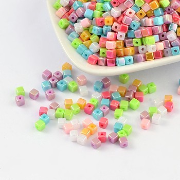 Acrylic Beads, AB color, Cube, Mixed Color, 4x4mm, Hole: 1mm