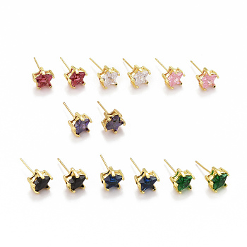 Cubic Zirconia Star Stud Earrings, Real 18K Gold Plated Brass Jewelry for Women, Cadmium Free & Lead Free, Mixed Color, 9x9.5mm, Pin: 0.6mm