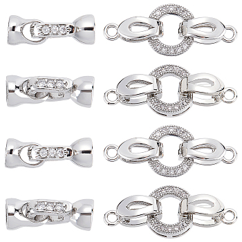 8 Sets 2 Styles Brass Micro Pave Cubic Zirconia Fold Over Clasps, Platinum, Clasp: 12~25.5x6.5x6mm, 4 sets/style