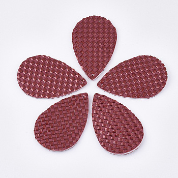 PU Leather Pendants, Imitation Woven Rattan Pattern, Teardrop, Brown, 57x37x2mm, Hole: 1.4mm