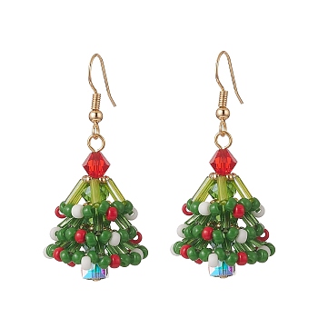 Christmas Theme Glass Beads Braided Tree Dangle Earrings, Golden Brass Wire Wrap Jewelry for Women, Green, 48mm, Pin: 0.7mm