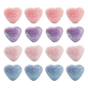 80Pcs 4 Colors Opaque Acrylic Beads, with Glitter Powder, Heart, Mixed Color, 8x9.5x5.5mm, Hole: 1.4mm, 20pcs/color