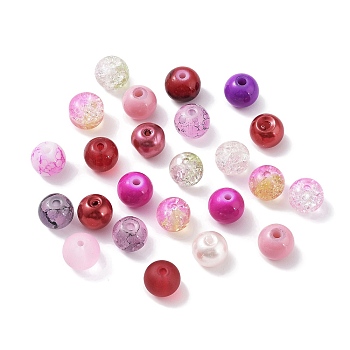 Glass Beads, Round, Mixed Style, Pink, 8~8.5x7.5mm, Hole: 0.8mm, 300pcs/bag