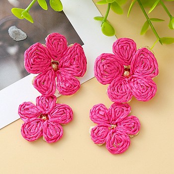 Flower Brass Findings Raffia Dangle Stud Earrings, Golden, Camellia, 64mm
