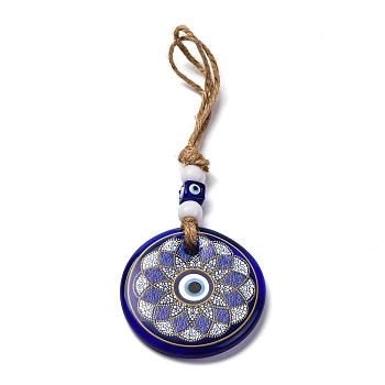 Flat Round with Evil Eye Lampwork Pendant Decoration, Resin Beads and Hemp Rope Hanging Ornaments, Dark Blue, 210~235mm