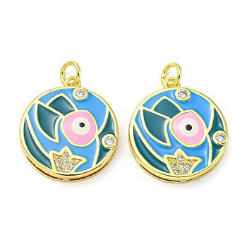 Real 18K Gold Plated Brass Pendants, with Cubic Zirconia and Enamel, Flat Round with Evil Eye Charms, Deep Sky Blue, 21x18.5x4mm, Hole: 3.5mm