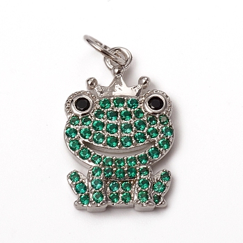 Brass Micro Pave Green Cubic Zirconia Pendants, with Jump Rings, Long-Lasting Plated, Frog with Crown, Platinum, 18x11x2mm, Jump Ring: 5x0.7mm, Inner Diameter: 3.6mm