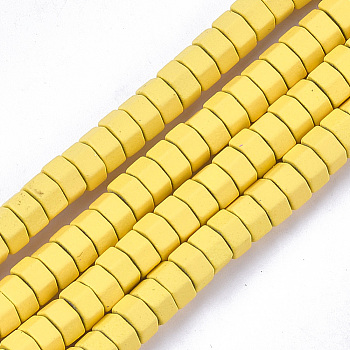 Spray Painted Non-magnetic Synthetic Hematite Beads Strands, Matte Style, Hexagon, Yellow, 3x6x5mm, Hole: 0.7mm, about 125pcs/strand, 16.1 inch