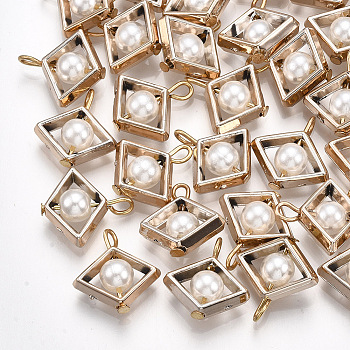ABS Plastic Imitation Pearl Pendants, with UV Plating Acrylic Findings, Rhombus, Light Gold, Creamy White, 16x15.5x6mm, Hole: 1.5mm