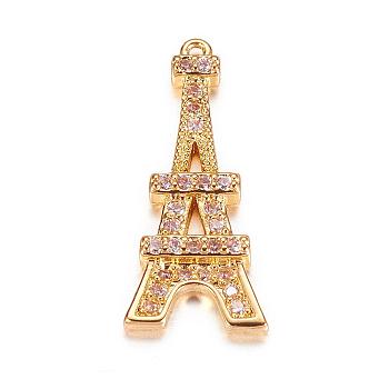 Brass Micro Pave Cubic Zirconia Pendants, Eiffel Tower, Golden, 20x9x2mm, Hole: 1mm