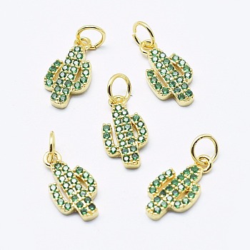 Brass Micro Pave Cubic Zirconia Charms, Cadmium Free & Nickel Free & Lead Free, Cactus, Green, Golden, 14x7.5x2mm, Hole: 3mm