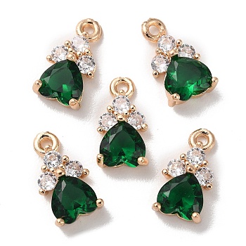K9 Glass Charms, with Light Gold Tone Brass Findings and Rhinestone, Heart Charms, Emerald, 13x7x4mm, Hole: 1.2mm