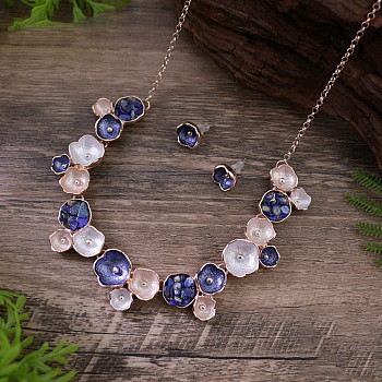 Flower Alloy Enamel Jewelry Set, Stud Earrings & Bib Necklaces, Dark Slate Blue, 420mm