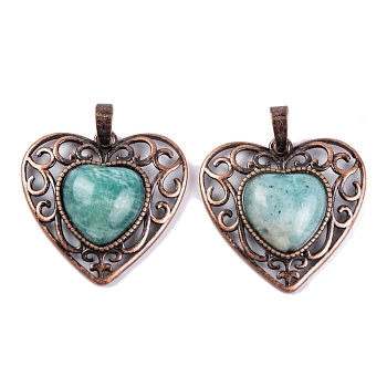 Natural Amazonite Peach Love Heart Pendants, Rack Plating Brass Hollow Heart Charms, Cadmium Free & Lead Free, Red Copper, 29.5x30.5x7.5mm, Hole: 7.5x5mm