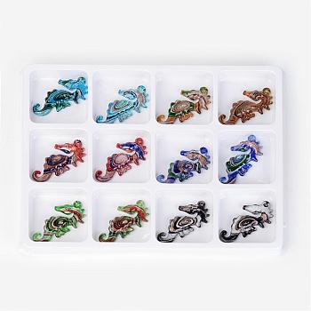 Handmade Silver Foil Lampwork Big Pendants, with Gold Sand, Sea Horse, Mixed Color, 68x35x8mm, Hole: 3mm, 12pcs/box