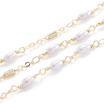 Handmade CCB Plastic Imitation Pearl Beaded Chains, with Brass Findings, Soldered, with Spool, Long-Lasting Plated, Column, Light Gold, link: 2.5x2x0.3mm, bead: 15x3mm, column: 4x2mm, 32.8 Feet(10m)/roll