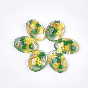Transparent Resin Cabochons, with Seed Beads Inside, Oval, Yellow, 18x12.5x6mm