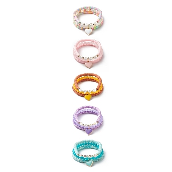 3Pcs 3 Style Natural Gemstone & Acrylic Word Love Beaded Stretch Bracelets Set with Alloy Enamel Heart Charms, Polymer Clay Heishi Surfer Preppy Bracelets for Women, Inner Diameter: 2-1/8~2-1/4 inch(5.3~5.7cm), 1Pc/style
