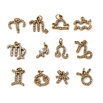 304 Stainless Steel Pendants, with Rhinestone, Constellation Charms, Ion Plating(IP), Golden, 10.5~14.5x6.5~14.5x2~2.5mm, Jump Ring: 4x0.8mm, Inner Diameter: 3mm, 12pcs/set(STAS-B128-50G)