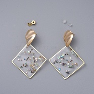 Epoxy Resin Dangle Earrings, with Brass Ear Stud Findings and Ear Nuts, Rhombus, Real 18K Gold Plated, Clear, 57mm, Pin: 0.7mm(EJEW-JE03436)