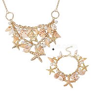 Trendy Shell Charm Bracelets & Bib Necklaces Sets, CCB Plastic Alloy Rhinestone Starfish and Glass Pearl Findings, with Iron Chains and Brass Lobster Claw Clasps, Golden, Bracelet:230mm, Necklace: 19.6 inch(SJEW-PH0001-01)