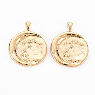 Brass Pendants, Nickel Free, Flat Round with Moon & Star, Real 18K Gold Plated, 22x17x2mm, Hole: 3x1.5mm(X-KK-S356-520-NF)