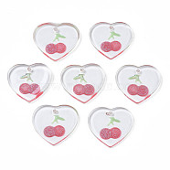 Transparent Resin Pendants, with Glitter Powder, Heart with Cherry, Crimson, 18x19.5x2~2.5mm, Hole: 1.4mm(RESI-N030-002A)