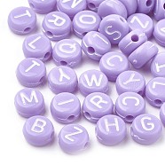 Opaque Acrylic Beads, Horizontal Hole, Mixed Letters, Flat Round with Letter, Random Letters, Lilac, 7x4mm, Hole: 1.5mm, about 3700pcs/500g(MACR-S273-11A)