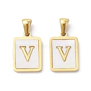 Ion Plating(IP) 304 Stainless Steel Pave Shell Pendants, Rectangle Charm, Real 18K Gold Plated, Letter V, 17.5x12x1.5mm, Hole: 3x5mm(STAS-G327-01G-V)