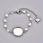304 Stainless Steel Bracelet Making, with Lobster Claw Clasps, Heart Link Chains and Flat Round Cabochon Settings, Stainless Steel Color, Tray: 16mm, 6-1/4 inch(16cm)(STAS-L248-004P)