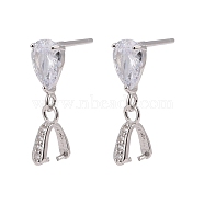 925 Sterling Siler Dangle Stud Earing Settings, with Cubic Zirconia, Platinum, 17mm, Pin: 0.3mm and 0.6mm, 4mm inner diameter(STER-K038-008P)